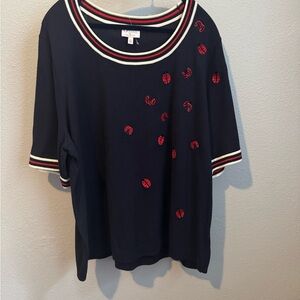 GUC Talbots Navy Top with Red Embroidered Ladybugs Size 2X
